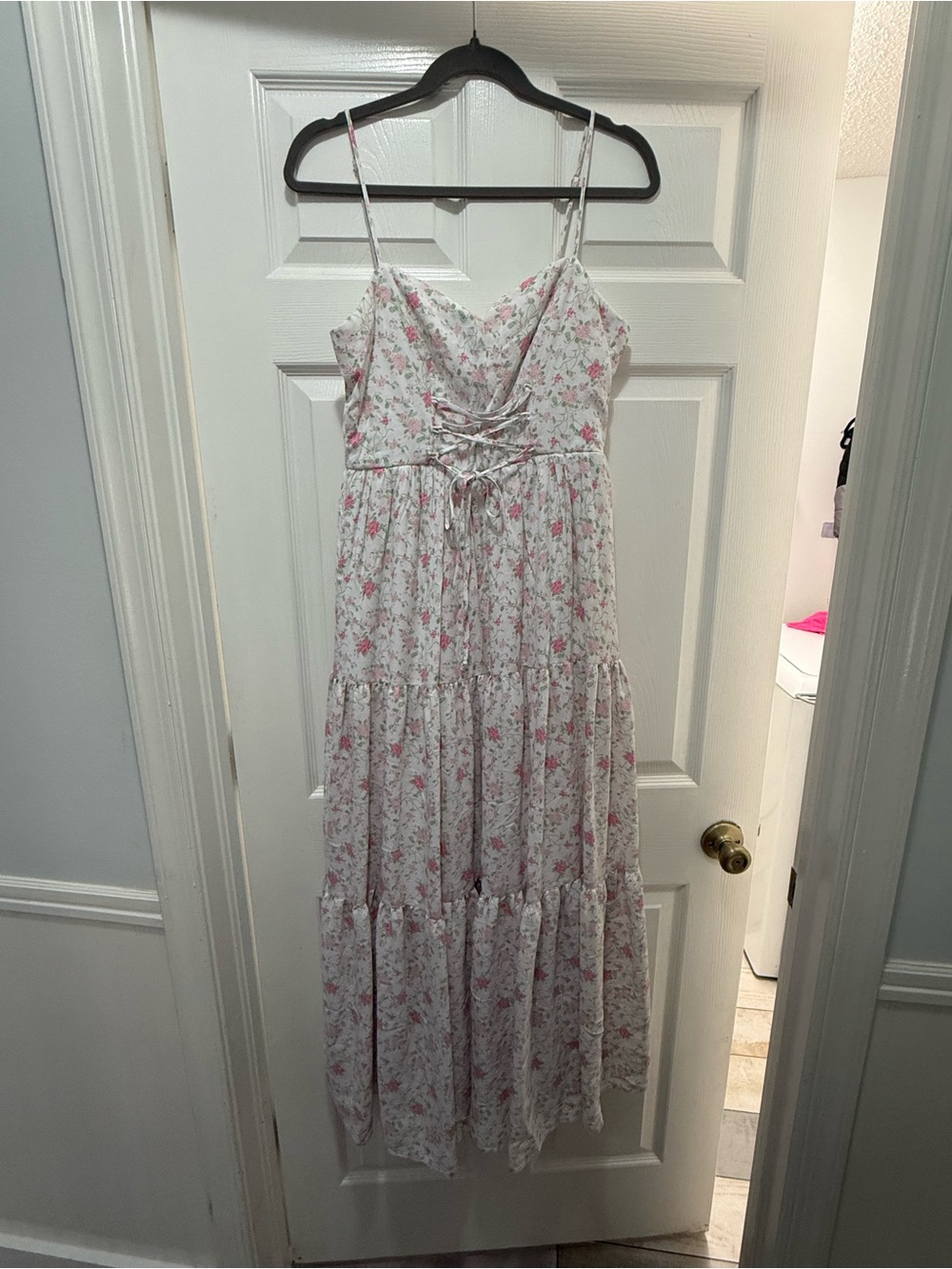 Altar'd State White Maxi Dress with Pink Floral Print and Lace-Up Bodice